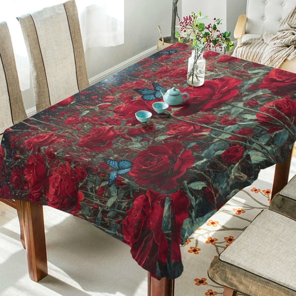DEIARA Red Roses Square Tablecloth 60×108in Polyester Fabric Tablecloth Washable Dust Resistant Wrinkle Resistant