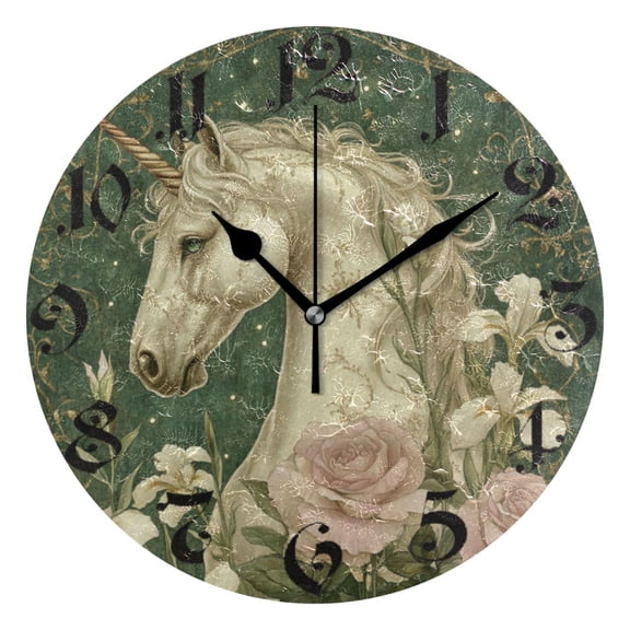 DEIARA Retro Unicorn Burgundy Butterfly Wall Clock 10in Silent Mechanism Battery Operated Retro Style for Living Room Bedroom and Kitchen Black Pointer