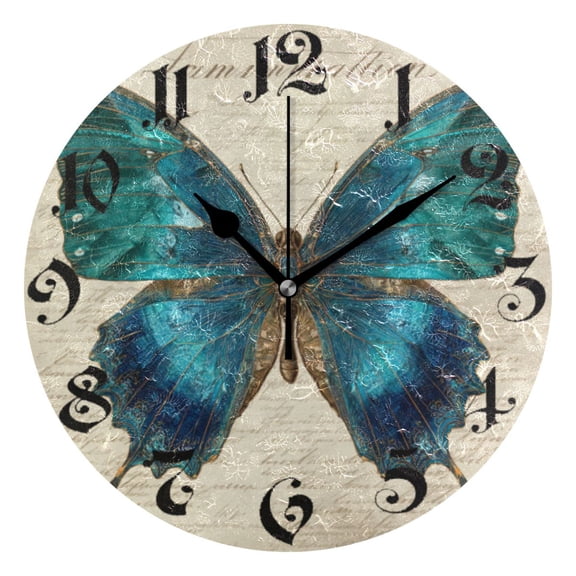 DEIARA Royal Blue Butterfly Burgundy Butterfly Wall Clock 10in Silent Mechanism Battery Operated Retro Style for Living Room Bedroom and Kitchen Black Pointer