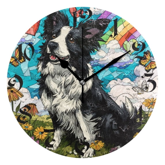 DEIARA Smiling Border Collie Burgundy Butterfly Wall Clock 10in Silent Mechanism Battery Operated Retro Style for Living Room Bedroom and Kitchen Black Pointer