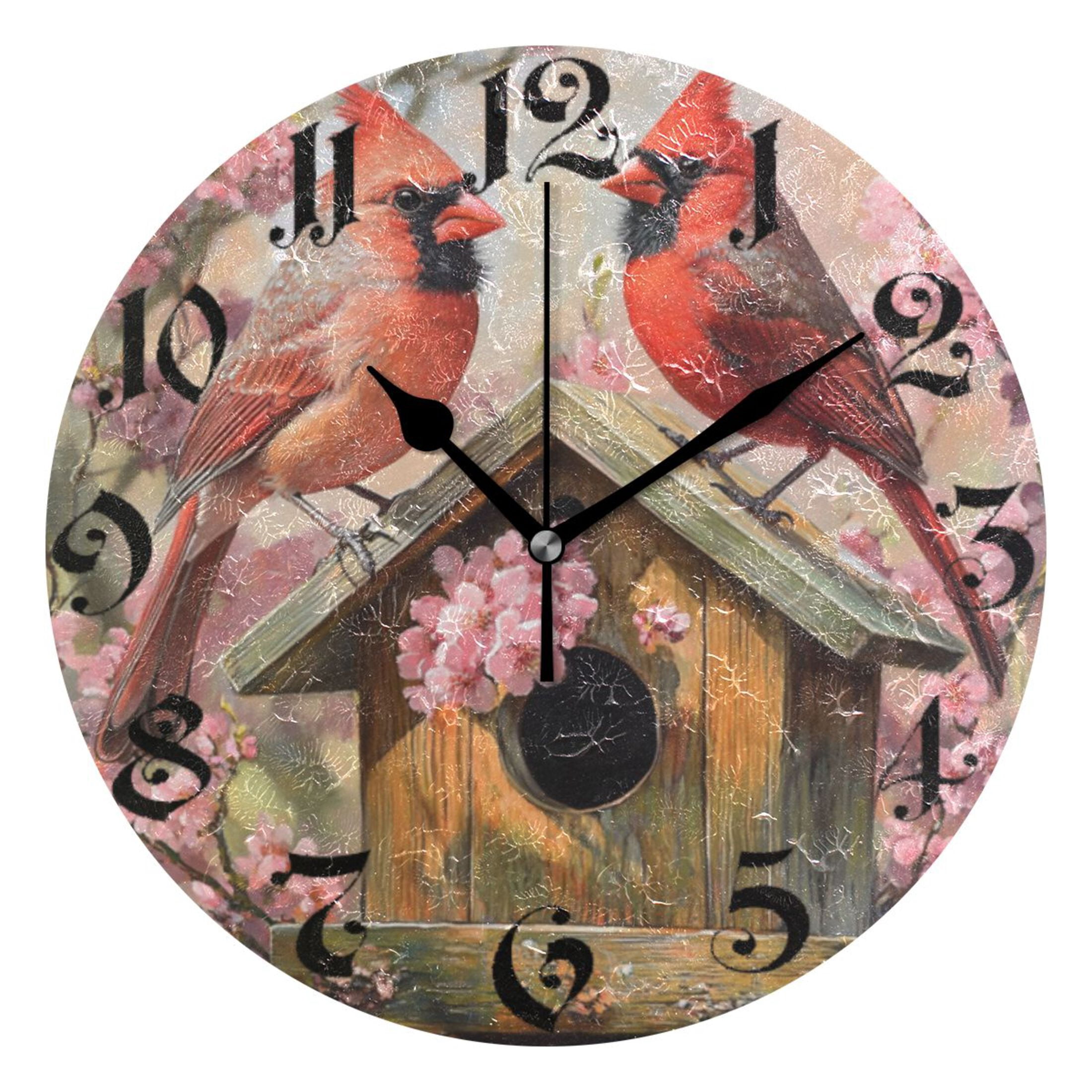 DEIARA Spring Cardinal Bird Burgundy Butterfly Wall Clock 10in Silent ...