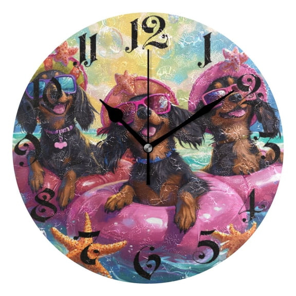 DEIARA Summer Dachshunds Burgundy Butterfly Wall Clock 10in Silent Mechanism Battery Operated Retro Style for Living Room Bedroom and Kitchen Black Pointer