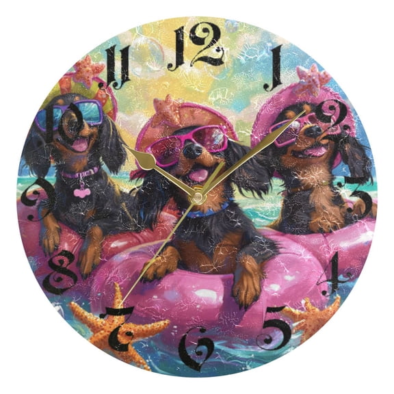 DEIARA Summer Dachshunds Burgundy Butterfly Wall Clock 10in Silent Mechanism Battery Operated Retro Style for Living Room Bedroom and Kitchen Gold Pointer