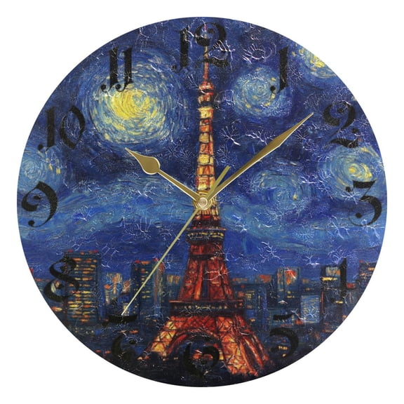 DEIARA Tokyo Tower Night View Burgundy Butterfly Wall Clock 10in Silent Mechanism Battery Operated Retro Style for Living Room Bedroom and Kitchen Gold Pointer