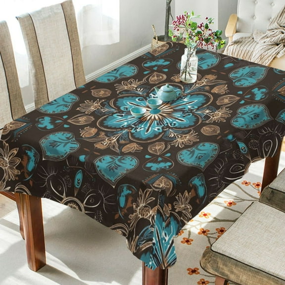 DEIARA Turquoise Mandalas Square Tablecloth 60×60in Polyester Fabric Tablecloth Washable Dust Resistant Wrinkle Resistant