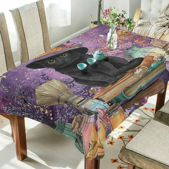 DEIARA Witch Cat Square Tablecloth 60×60in Polyester Fabric Tablecloth Washable Dust Resistant Wrinkle Resistant