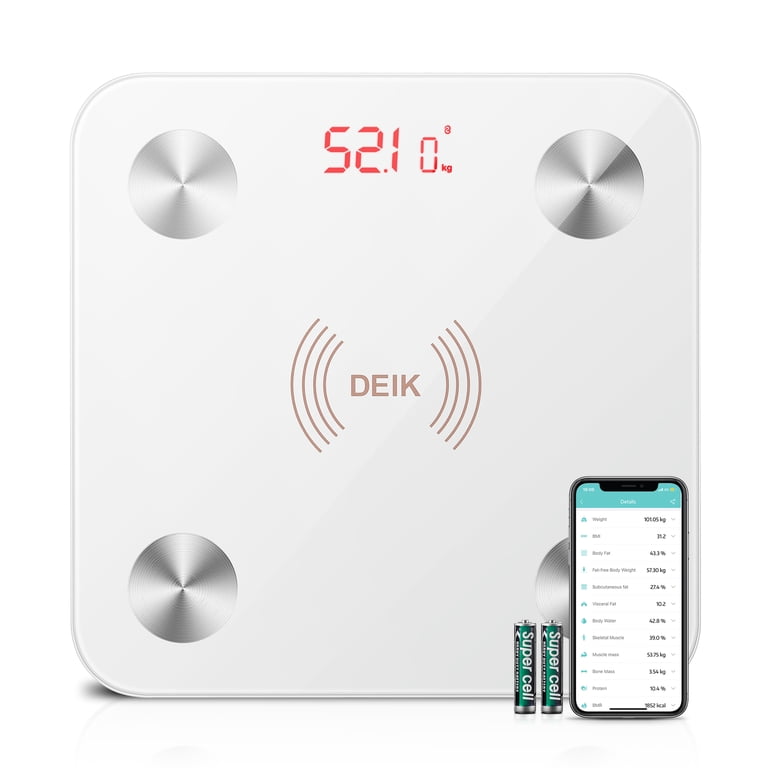 DEIK Smart Digital Body Fat Scale, White Bluetooth Bathroom Scale, with iOS and Android APP, 180kg/400lb High Precision Measurement, Detects 13 Data