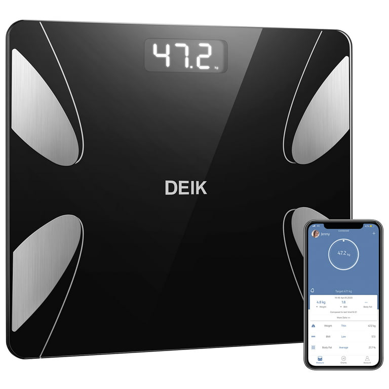 DEIK Smart Digital Body Fat Scale, Black Bluetooth Bathroom Scale, with iOS  and Android APP, 180kg/400lb High Precision Measurement, Detects 13 Data  including Body Weight, Fat Content, Muscle Mass 