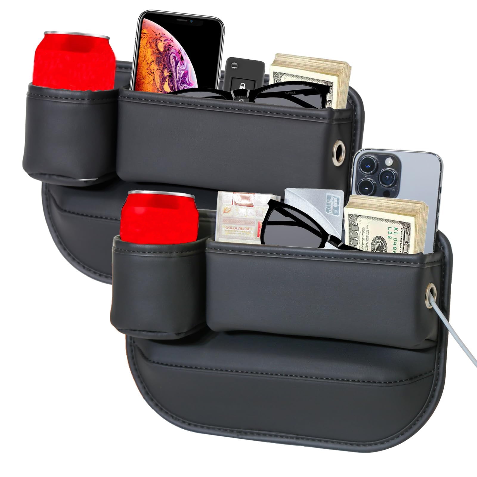 DEIKAL 2 Pack Car Leather Cup Holder Gap Bag - Car Seat Gap Filler & Organizer, Adjustable Seat Gap Storage Box for Phones, Glasses, Keys, Cards
