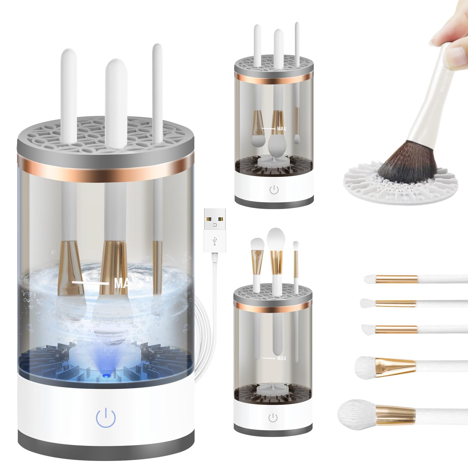 DEIKAL Efficient automatic makeup brush cleaner, capable of cleaning 3-4 brushes at once, ensuring thorough cleaning, including silicone pads for irregularly sized brushes