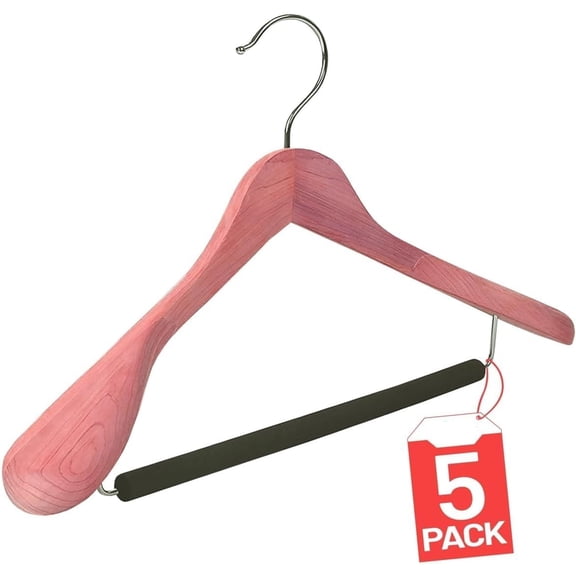 DEILSY Cedar Hangers for Closet - 5 Pack Extra Wide Wooden Hangers for Suits, Coat, Dress, Jacket, Clothes Storage - Non Slip Foam Padded Pant Bar with 360 Swivel Hook, Aromatic American Cedar Wood