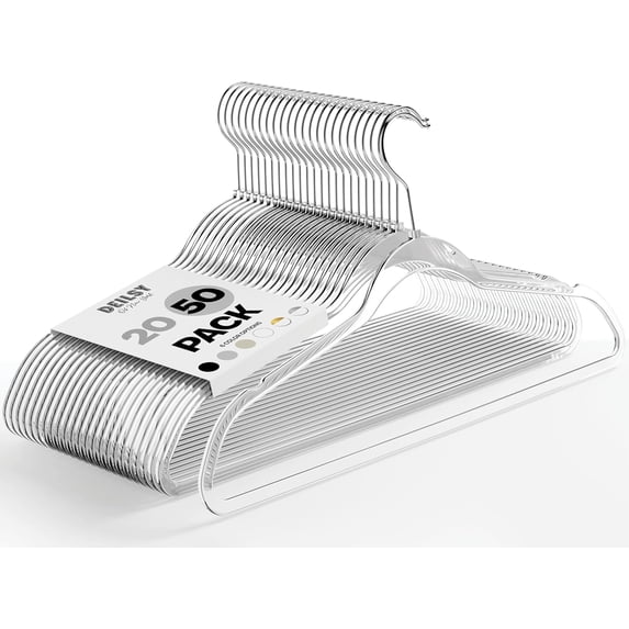 DEILSY Clear Hangers 50 Pack with Silver Hook - Non Velvet Slim Hangers - Durable Hanger Space Saver for Closet Organization, Shirts, Dresses, Jackets, Pants, Adult Clothes Storage Solution