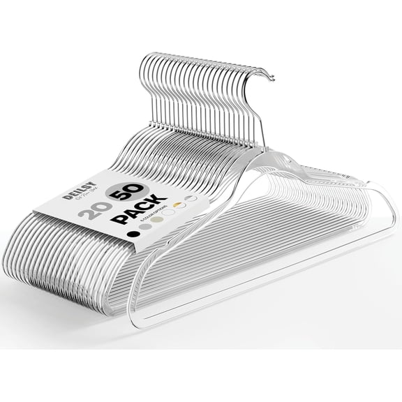 DEILSY Clear Hangers 50 Pack with Silver Hook - Non Velvet Slim Hangers - Durable Hanger Space Saver for Closet Organization, Shirts, Dresses, Jackets, Pants, Adult Clothes Storage Solution