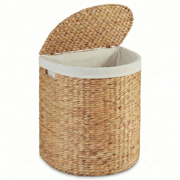 DEILSY Natural Half Moon Water Hyacinth Wicker Laundry Basket with Removable Liner and Lid, Handwoven Wicker Hamper with Handles for Bathroom, Bedroom, or Laundry Room