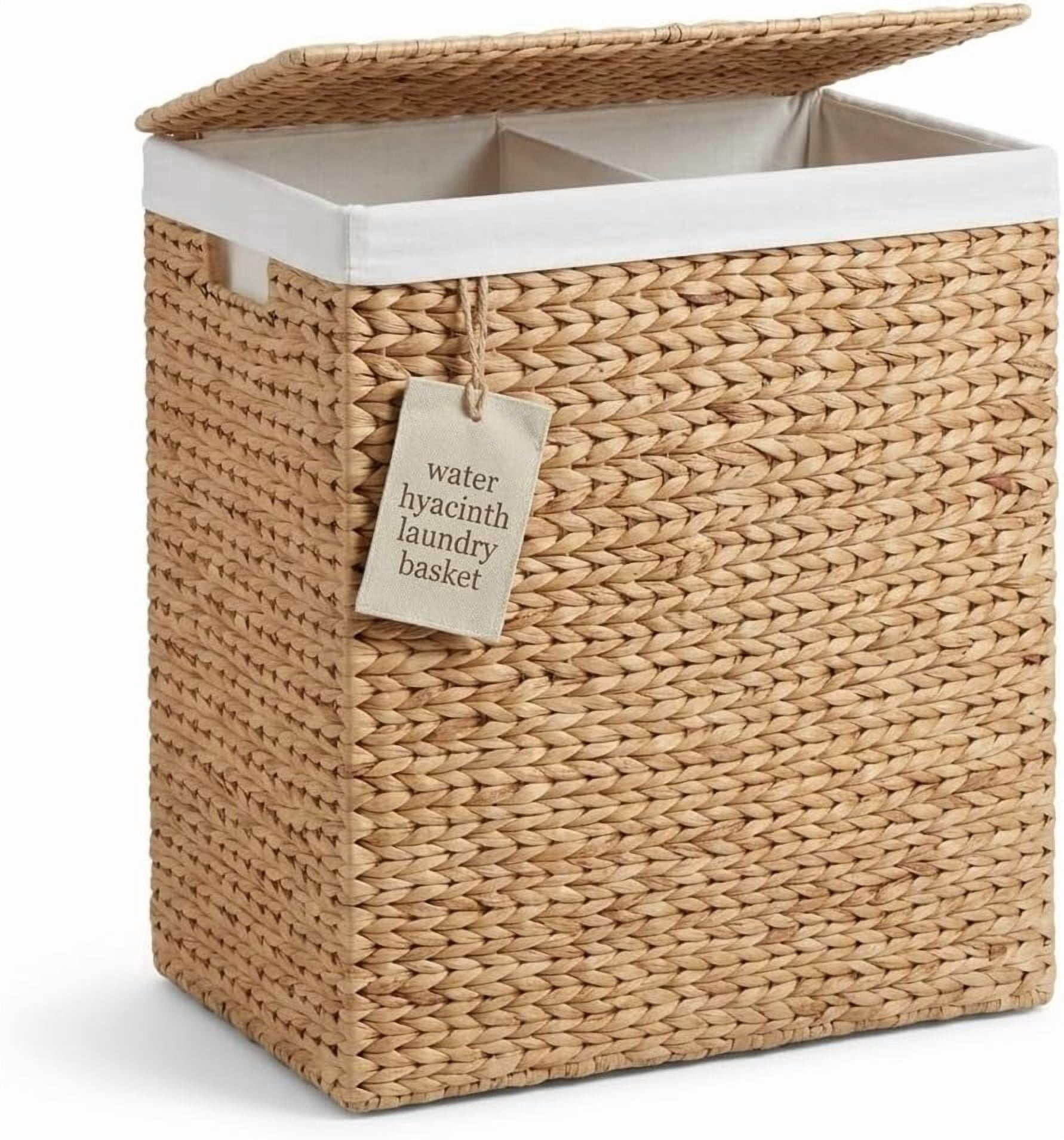DEILSY Natural Water Hyacinth 2-Section Hamper with Lid and Removable Liner Bags, Decorative Laundry Hamper, Handwoven Wicker Laundry Basket with Handles for Bathroom, Bedroom, or Laundry Room