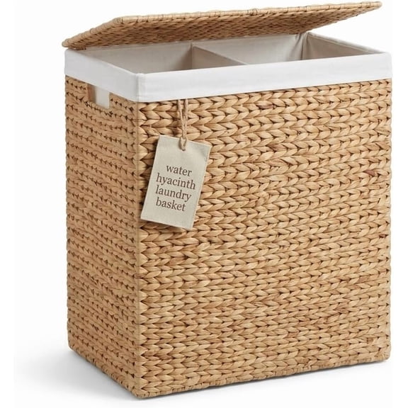 DEILSY Natural Water Hyacinth 2-Section Hamper with Lid and Removable Liner Bags, Decorative Laundry Hamper, Handwoven Wicker Laundry Basket with Handles for Bathroom, Bedroom, or Laundry Room
