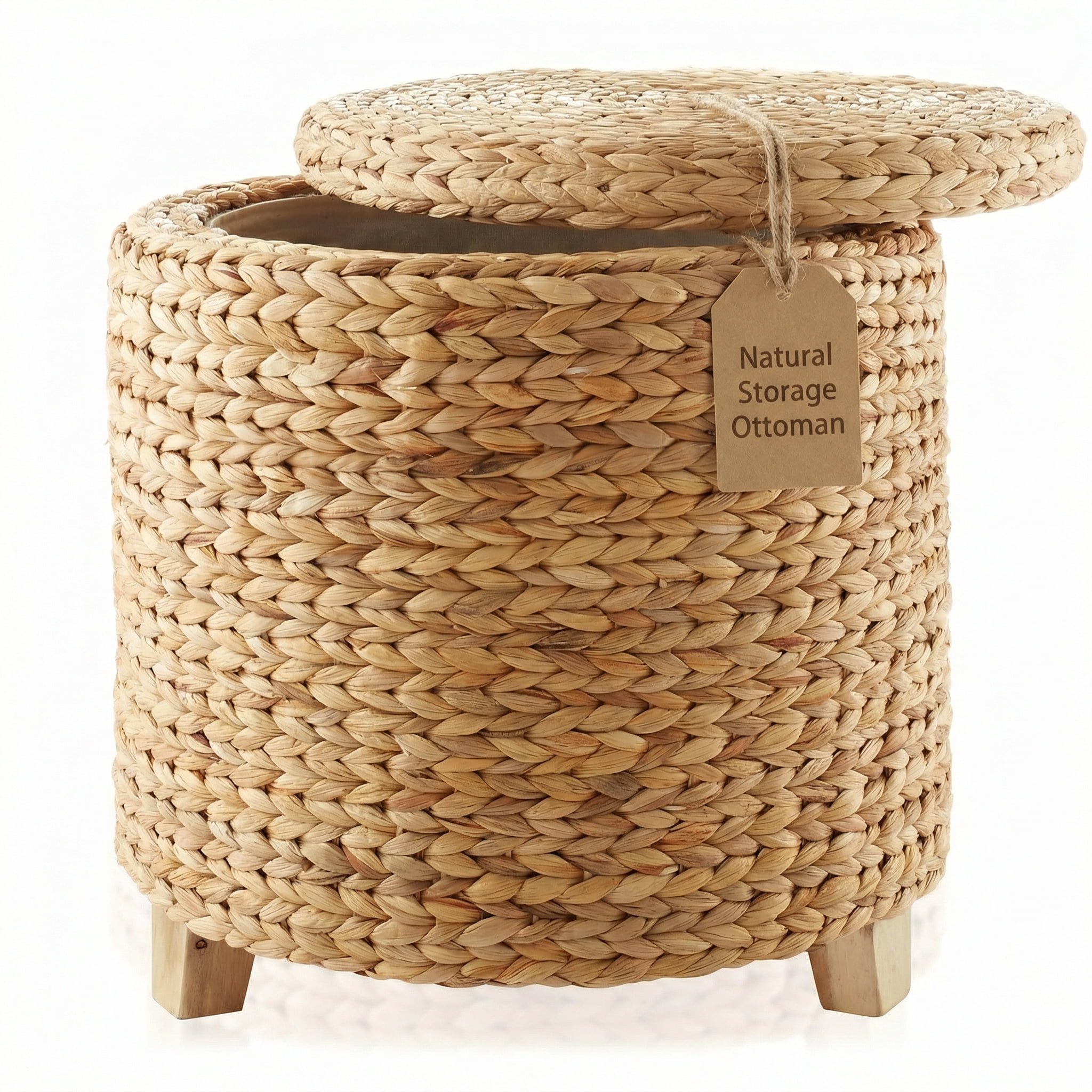 DEILSY Natural Water Hyacinth Round Storage Ottoman with Removable Lid, Fabric Liner & Wooden Feet – Handwoven Footstool Ottoman for Living Room, Bedroom & Entryway