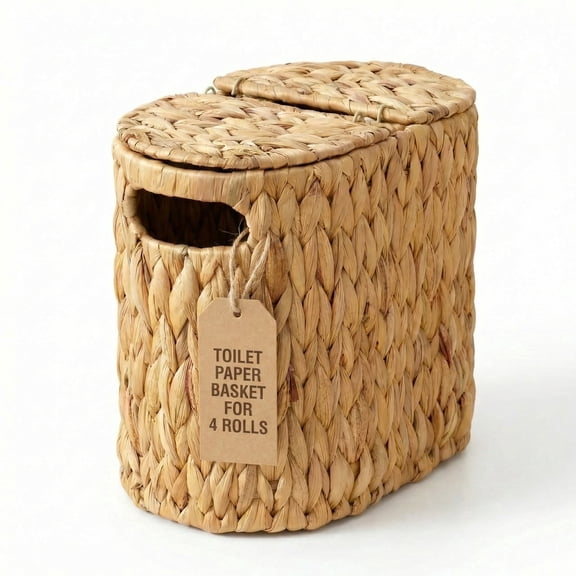 DEILSY Natural Water Hyacinth Toilet Paper Basket for 4 Rolls, Slim Toilet Paper Storage Basket with Built-in Handles, Wicker Toilet Paper Storage Basket with Lid for Bathroom or Powder Room