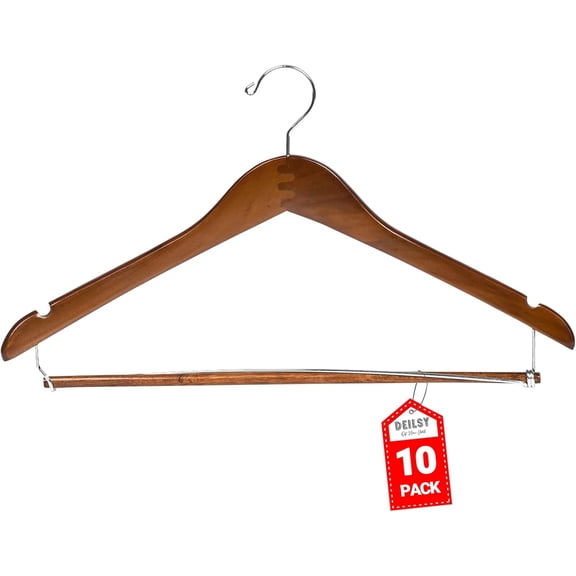 DEILSY Suit Hangers for Men with Open Bar 10 Pack Premium Brown Wooden Coat Hangers Pants Durable Suit for Closet Organization - Jacket Hanger Wood Clothes (10)