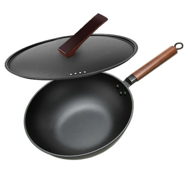 DEISNGB Nonstick Wok, 13-Inch Carbon Steel Wok Pan with Lid Woks & Stir-Fry Pans No Chemical Coated Wok Flat Bottom Cookware Chinese Wok for Induction, Gas, Halogen, All Stoves