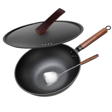 IMUSA 12-Inch Light Cast Iron Wok - Pre-Seasoned, Nonstick & Lightweight With Stainless Steel Handle