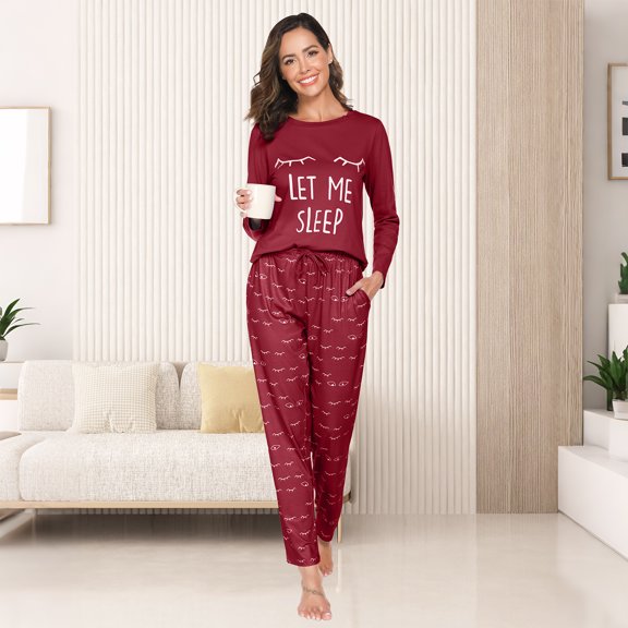 DEJI Women 2 Piece Cotton Graphic Top & Printed Pants Pajama Set, Long Sleeve Crew Neck Stretch Loungewear Sleep Set for Ladies with Pockets, Burgundy, XL