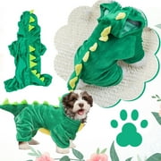 DEJUPE Halloween Costumes, Elastic Dinosaur Transformation Costume Halloween Dog Costume Crystal Fleece, Lovely Pet Dinosaur Costume for Halloween Cosplay Party Green, L
