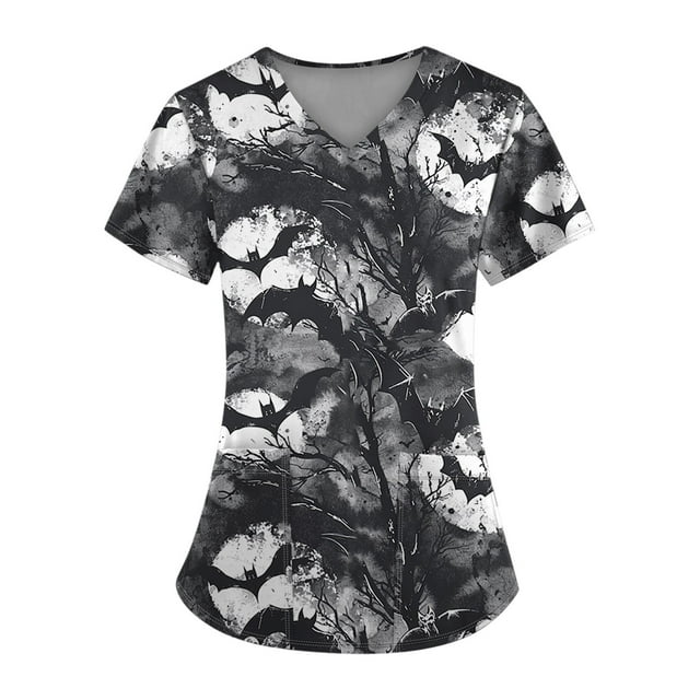 DEJUPE Halloween Costumes for Women, Plus Size Printed Scrub Working Uniform Tops for Women's Cross V-Neck Halloween Print Short Sleeve Fun T-Shirts Workwear Tee with Pockets Dark Gray, L