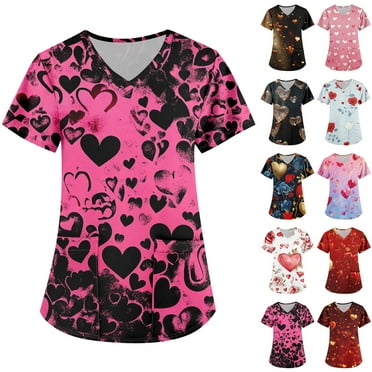 DEJUPE Valentines Day Shirts Women's Printing Uniform Work Uniform V-Neck Pocket Protective Work Uniform Heart Nurse Tops Valentines Shirts For Women, L