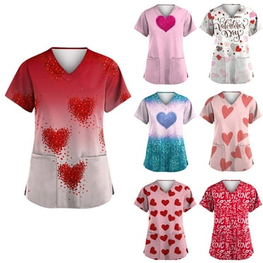 DEJUPE Valentines Day Shirts Women's Valentine's Day Printed Uniform Work Uniform V-Neck Pocket Protective Uniform Work Uniform Valentines Nurse Shirts For Women, L