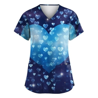 DEJUPE Women's V-Neck Heart Print Scrub Top with Pockets Comfortable, Stylish Medical Uniform for Nurses & Healthcare