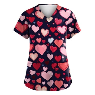 DEJUPE Women's V-Neck Heart Print Scrub Top with Pockets Comfortable, Stylish Medical Uniform for Nurses & Healthcare