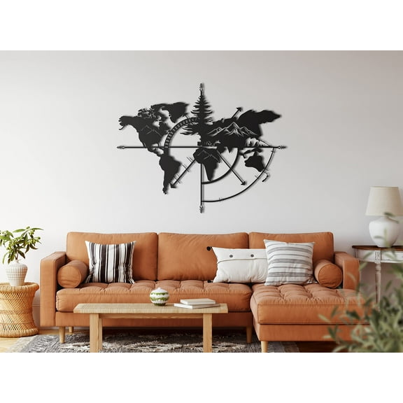 DEKADRON Metal Wall Decor, World Map Compass Mountain,Home Living Room Decor, Wall Sign, Metal Wall Art, Interior Decoration, Indoor Outdoor Hangings (* 39" W x 30" H / 98x75cm)