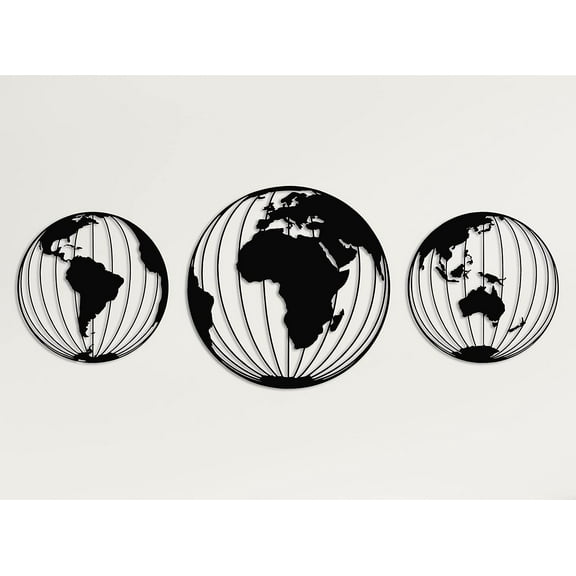 DEKADRON Three Metal World Map Globes, Round Metal World Map Wall Art, Metal Wall Decor, Metal Wall Art