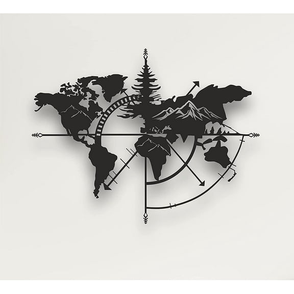 DEKADRON World Map Metal Mountain Wall Decoration Metal Home Decor Living Room Decor Metal Plaque 101x76 cm Black
