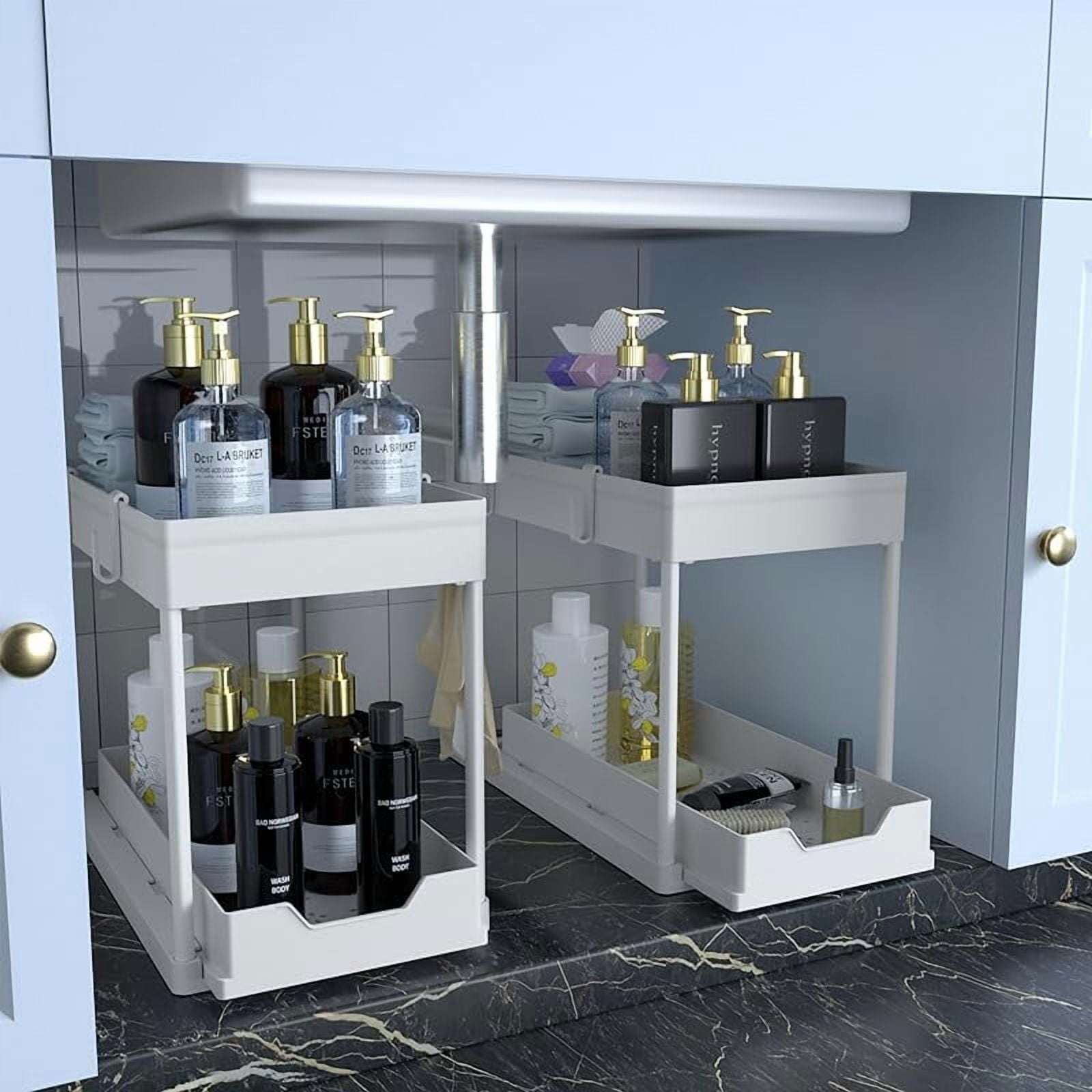 DEKAVA Cabinet, 2 Pack Under Sink Organizer, 2 Tier Sliding Bathroom Kitchen Organizer, Large White ABS Baskets, Easy tall & Clean