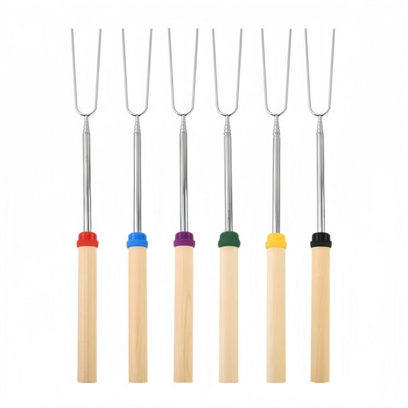 DEKEones Extendable 6 Piece Set Of Stainless Steel Marshmallow Roasting Sticks, 32 Inch Wooden Handled Skewers For BBQ And Campsite Fun