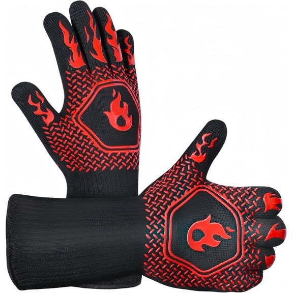DEKEones Fireproof, Cut-Resistant Grill Gloves, Flame Pattern Non-Slip Silicone Insulated BBQ Oven Gloves, High Heat Resistant Cooking Mitts for Barbecue, Baking, Smoker, Fireplace & Outdoor Grilling