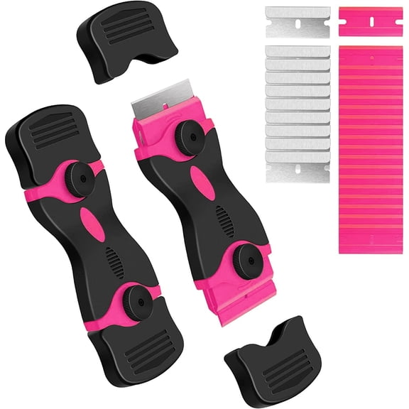 DEKEones Razor Blade Scraper, 2 Pack Double Edged Razor blade Scraper Tool with 30 Pcs Razor Blades, Glass Scraper for Windows, Decals, Tint, Stickers, Labels, Caulk, Adhesive(Pink)