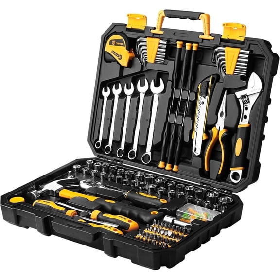 DEKOPRO 158-Piece Household Tool Kit with Wrenches, Pliers, Ratchet, and Plastic Toolbox