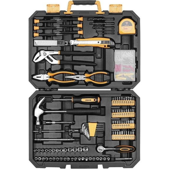 DEKO 196 Piece Tool Set General Household Hand Tool Kit with Rip Claw Hammer,Lineman's Plier, Measure Tape Rule & Plastic Toolbox Storage Case
