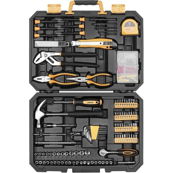 DEKO 196 Piece Tool Set General Household Hand Tool Kit with Rip Claw Hammer,Lineman's Plier, Measure Tape Rule & Plastic Toolbox Storage Case