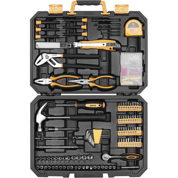 DEKO 196 Piece Tool Set General Household Hand Tool Kit with Rip Claw Hammer,Lineman's Plier, Measure Tape Rule & Plastic Toolbox Storage Case