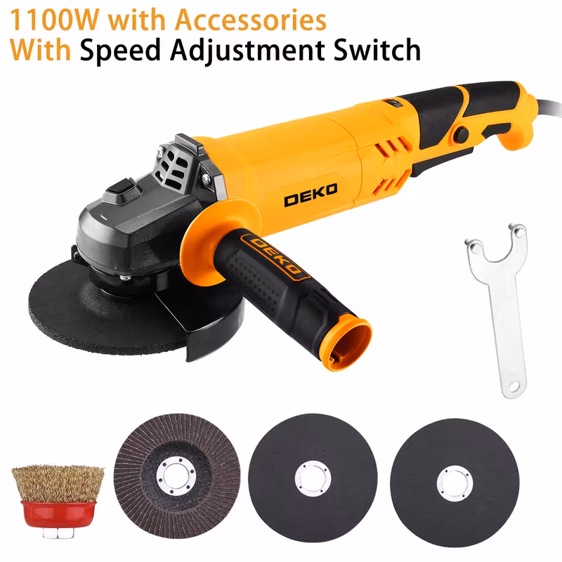 DEKO 4-1/2 Inch Electric Angle Grinder | Corded Grinder Tool | with Grinding Discs, Wheel Guard and Wrench | 1100W | for Metal Grinding, Polishing, Rust Removal and Home Repair