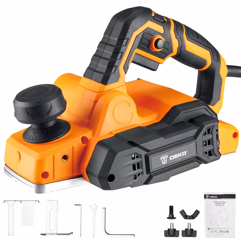 DEKO 6-Amp Electric Hand Planer, 3-1/4 Inch Corded Wood Planer with Parallel Guide & Hex Wrench, 16000 RPM, 1/8-Inch Planing Depth, Power Planer for Woodworking, Door Trimming & DIY