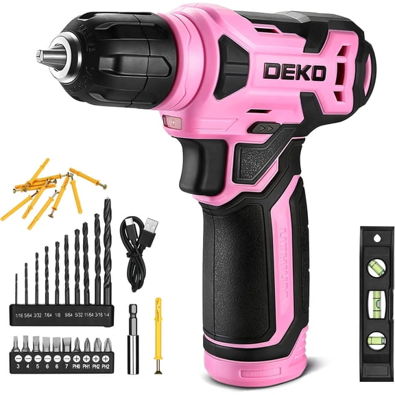 DEKO 8V Pink Cordless Drill, Drill Set with 3/8"Keyless Chuck, 42pcs Acessories, Built-in LED, Type-C Charge Cable