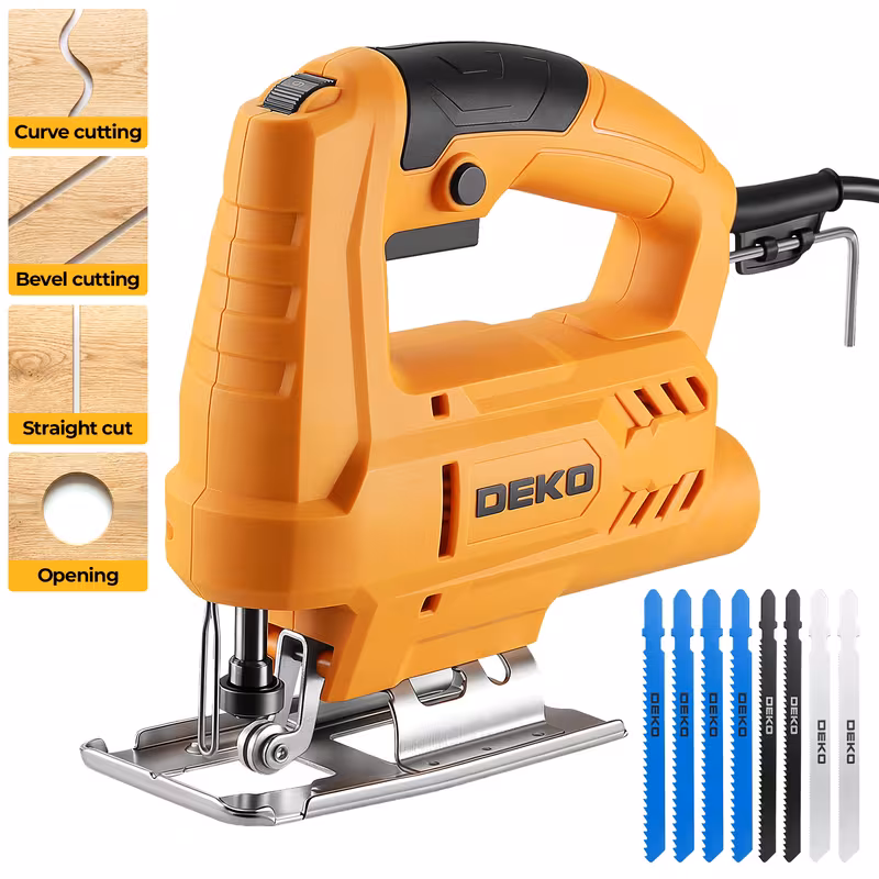 DEKO Corded Electric Jigsaw | 6 Variable Speeds | 0 3000 SPM | 3.5 Amp 400W Motor | 45  Bevel Cutting | Tool-Free Blade Change | Includes 8 Blades for Wood, Metal & PVC | DIY Cutting Tool