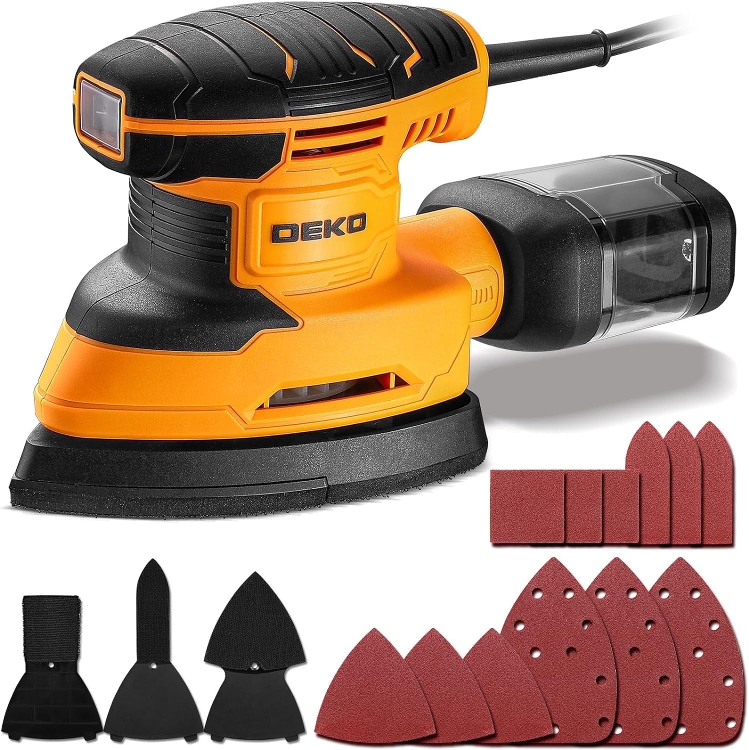 DEKO Detail Sander Power Electric Mouse Sanders Tool with 3-Multi Function Sanding Pad Attachment, 12pc Sandpaper,Dust Box, Sander for Wood, Woodworking