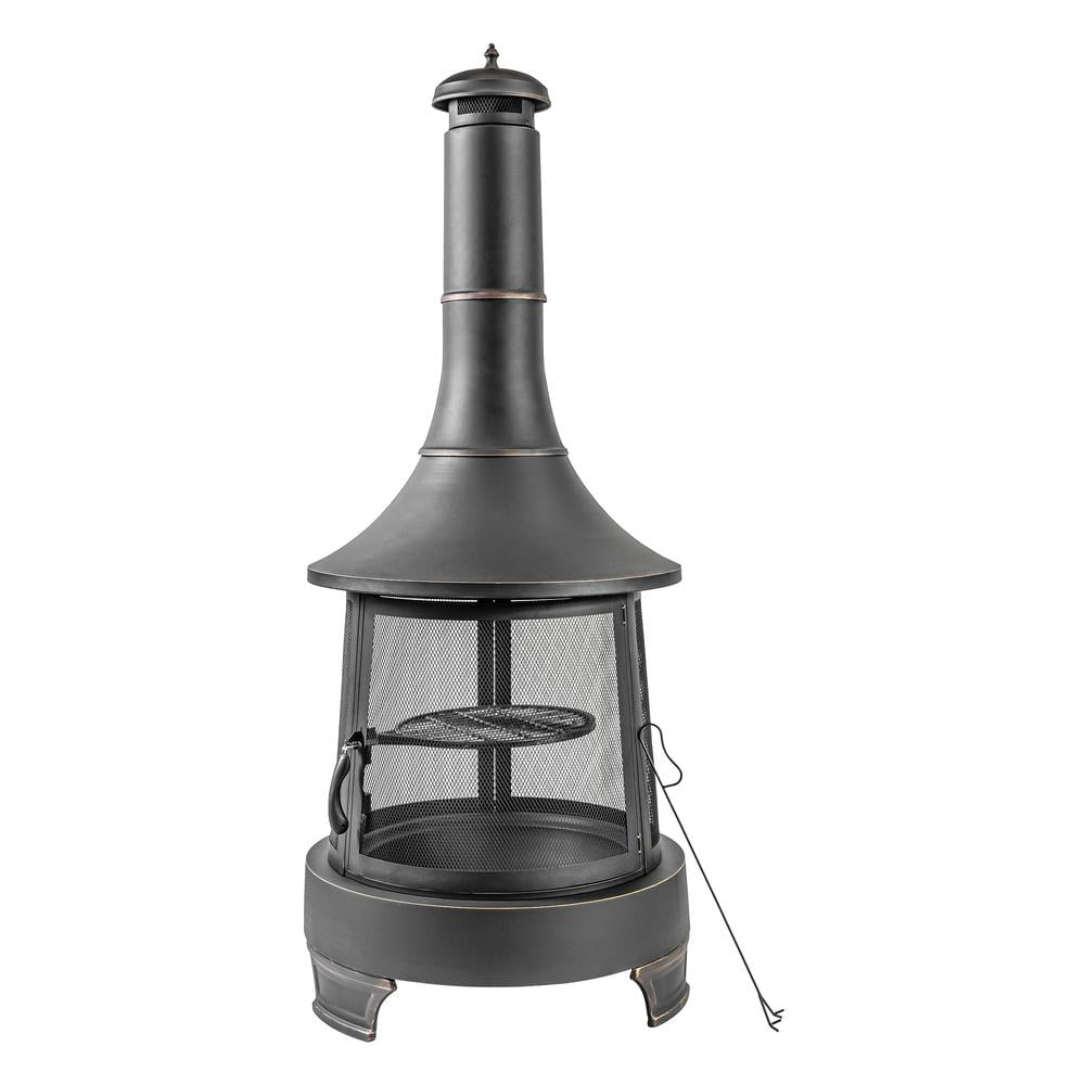 Black Steel Chimney Fire Pit with Cast Iron Grill