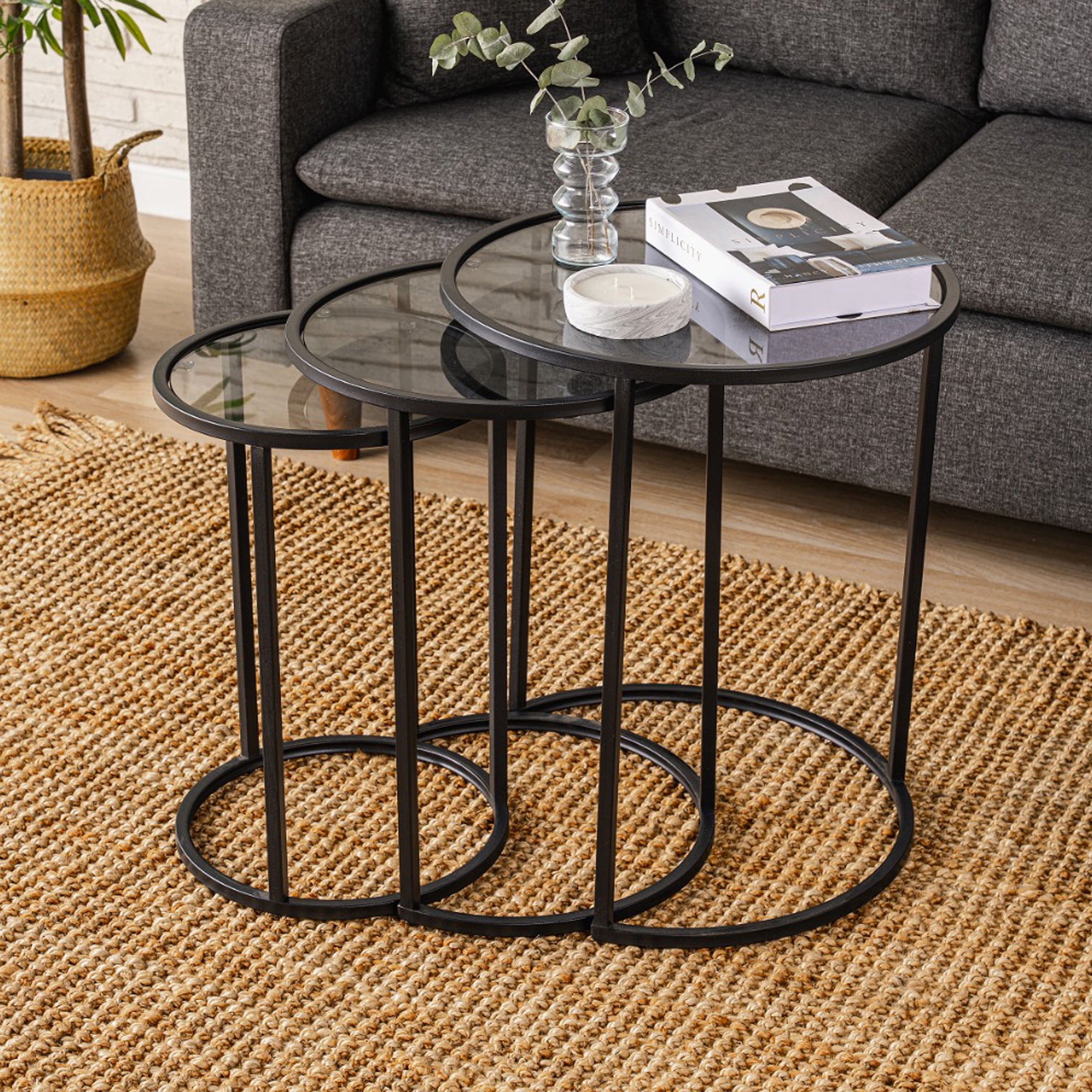 Alya Round Black Metal and Glass Nesting Tables, Set of 3